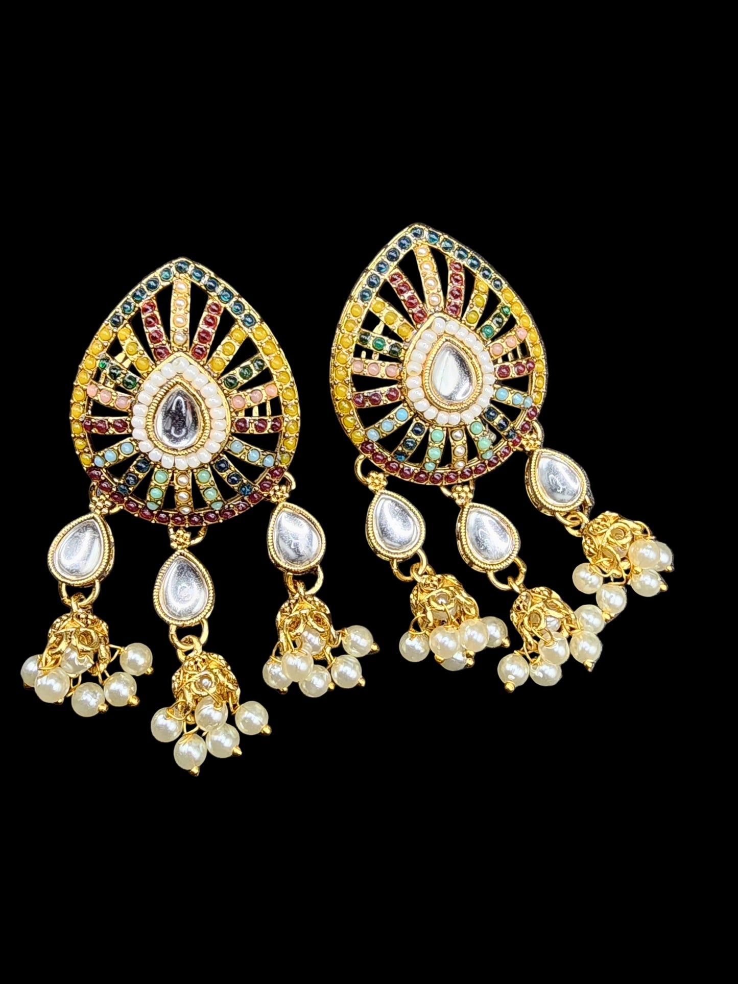 Multicolor Kundan Jhumka Drop Earrings with Pearl Danglers