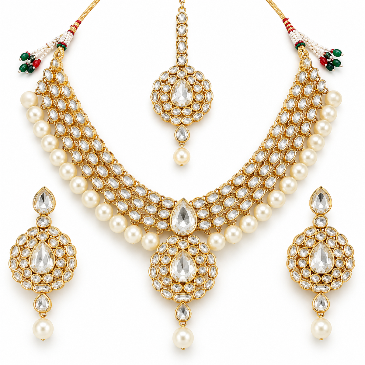 Gold Kundan-Style Pearl Necklace Set with Matching Earrings & Maang Tikka