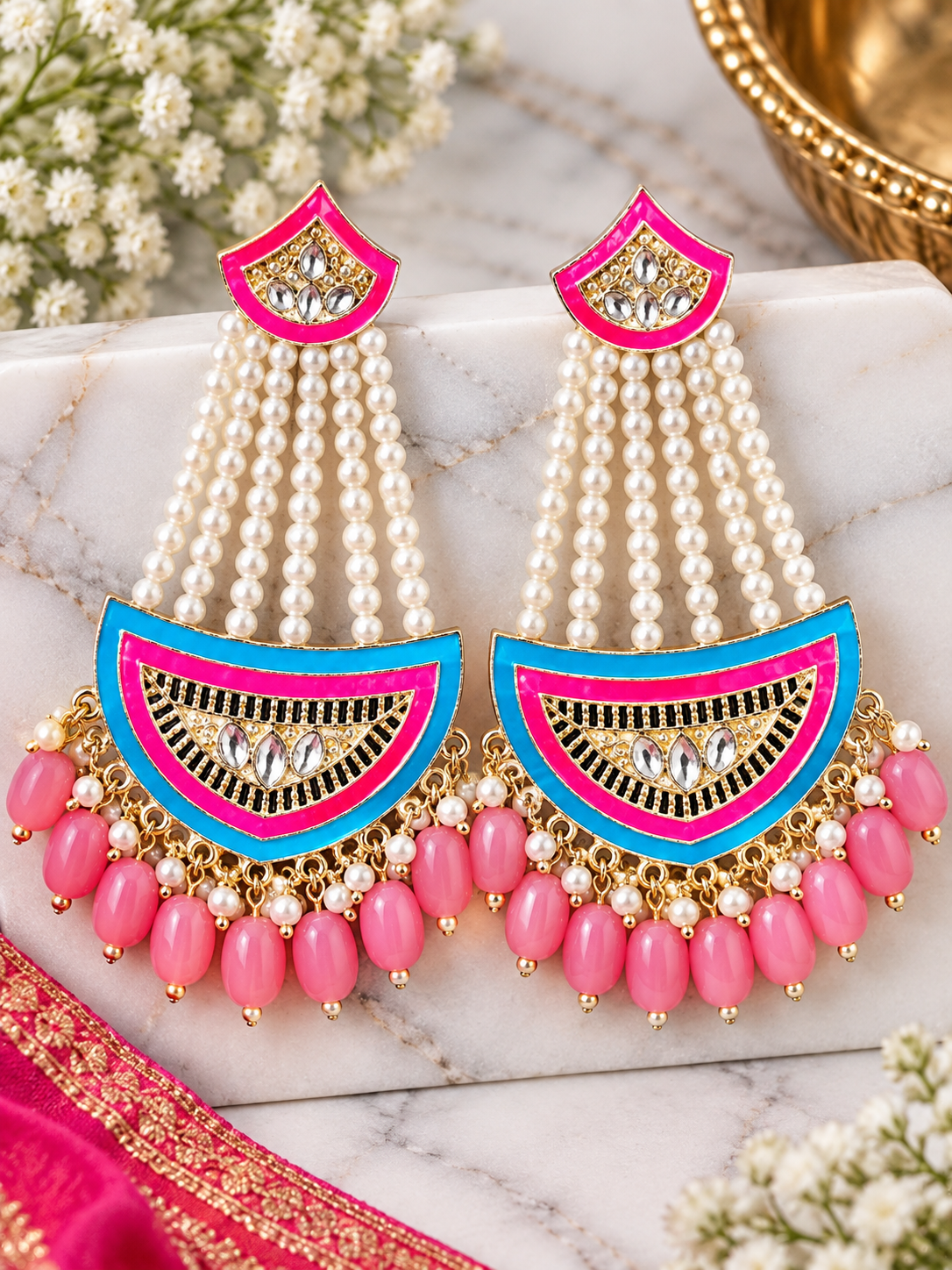 Hot Pink & Turquoise Blue Pearl Chandelier Earrings – Indian Statement Jhumkas