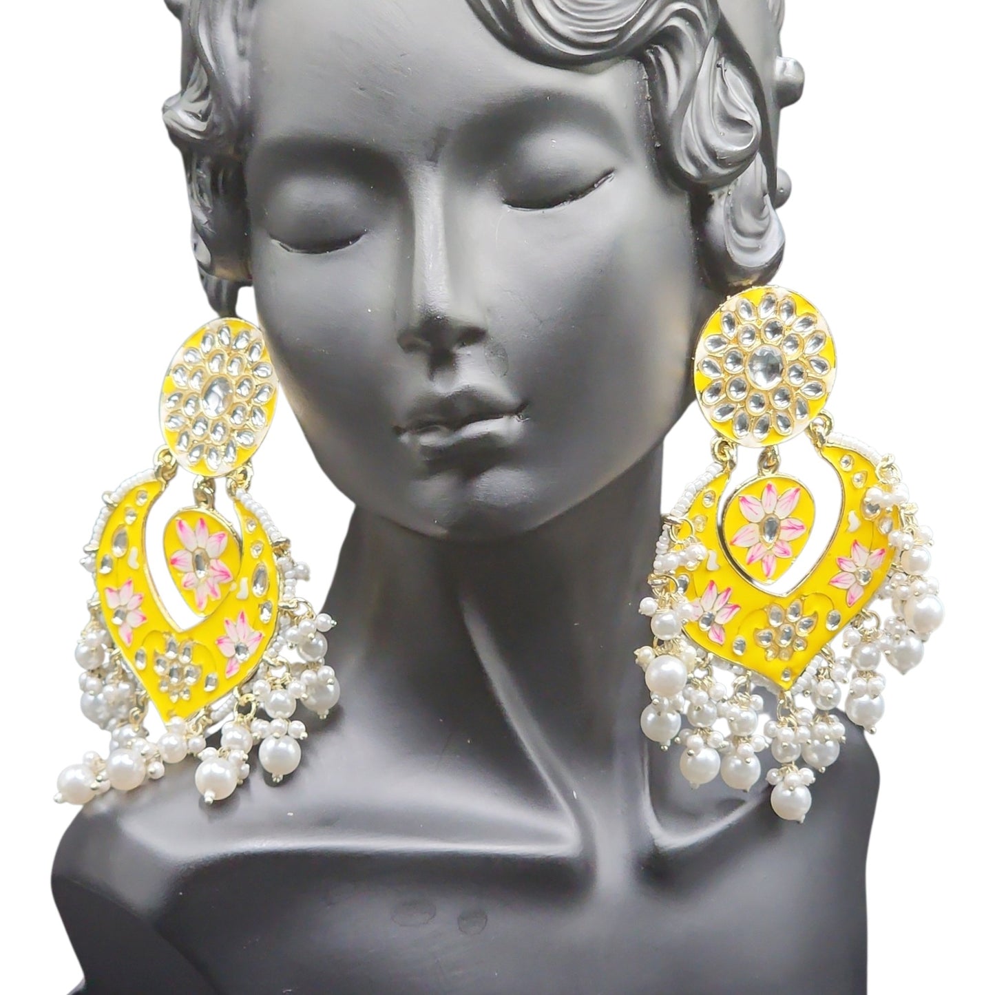 PSK ELEGANCE Yellow Meenakari Heart Chandbali Earrings | Floral Kundan Pearl Drop Statement Jewelry