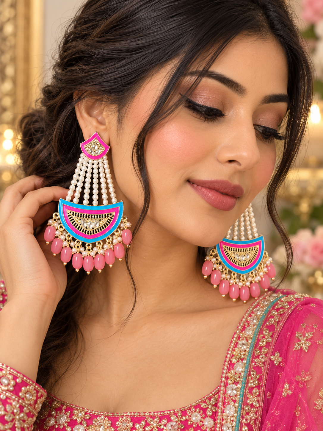 Hot Pink & Blue Pearl Chandelier Earrings with Gold-Tone Kundan Detailing | PSK ELEGANCE