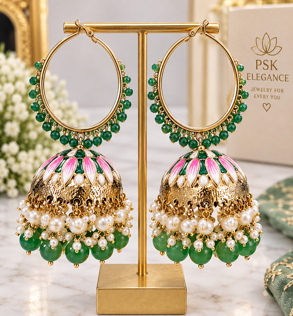 Green & Pink Meenakari Jhumka Earrings