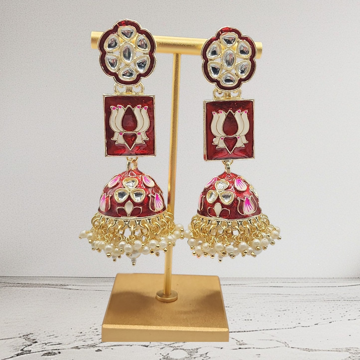 Burgundy Lotus Kundan Jhumka Earrings | Pearl Bead Indian Statement Earrings