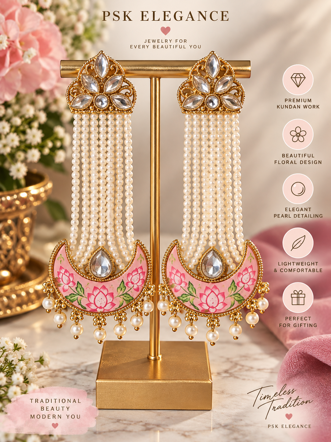 Pink Floral Kundan Pearl Statement Earrings.