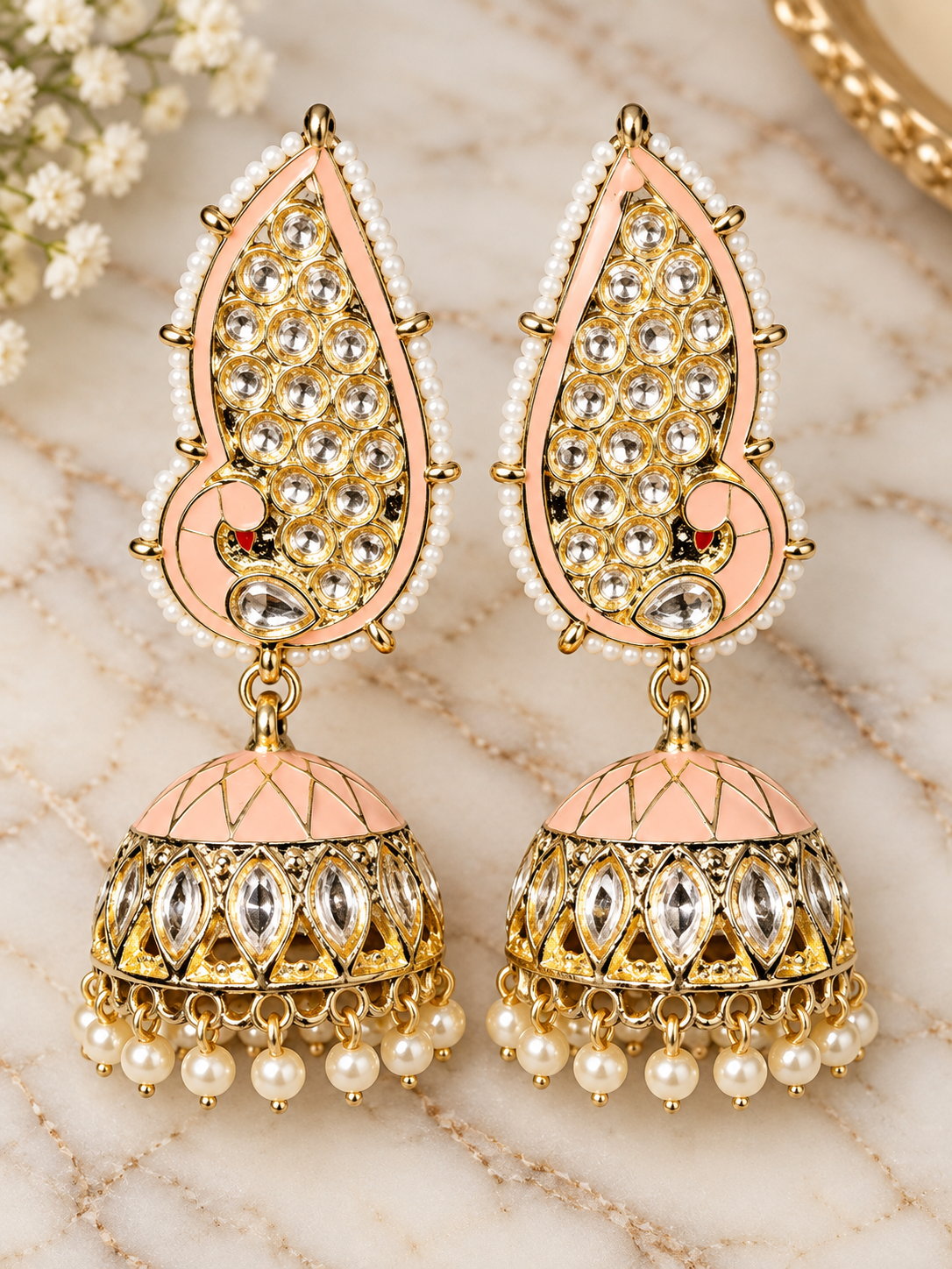 Pink Enamel & Pearl Embellished Gold Jhumka Earrings