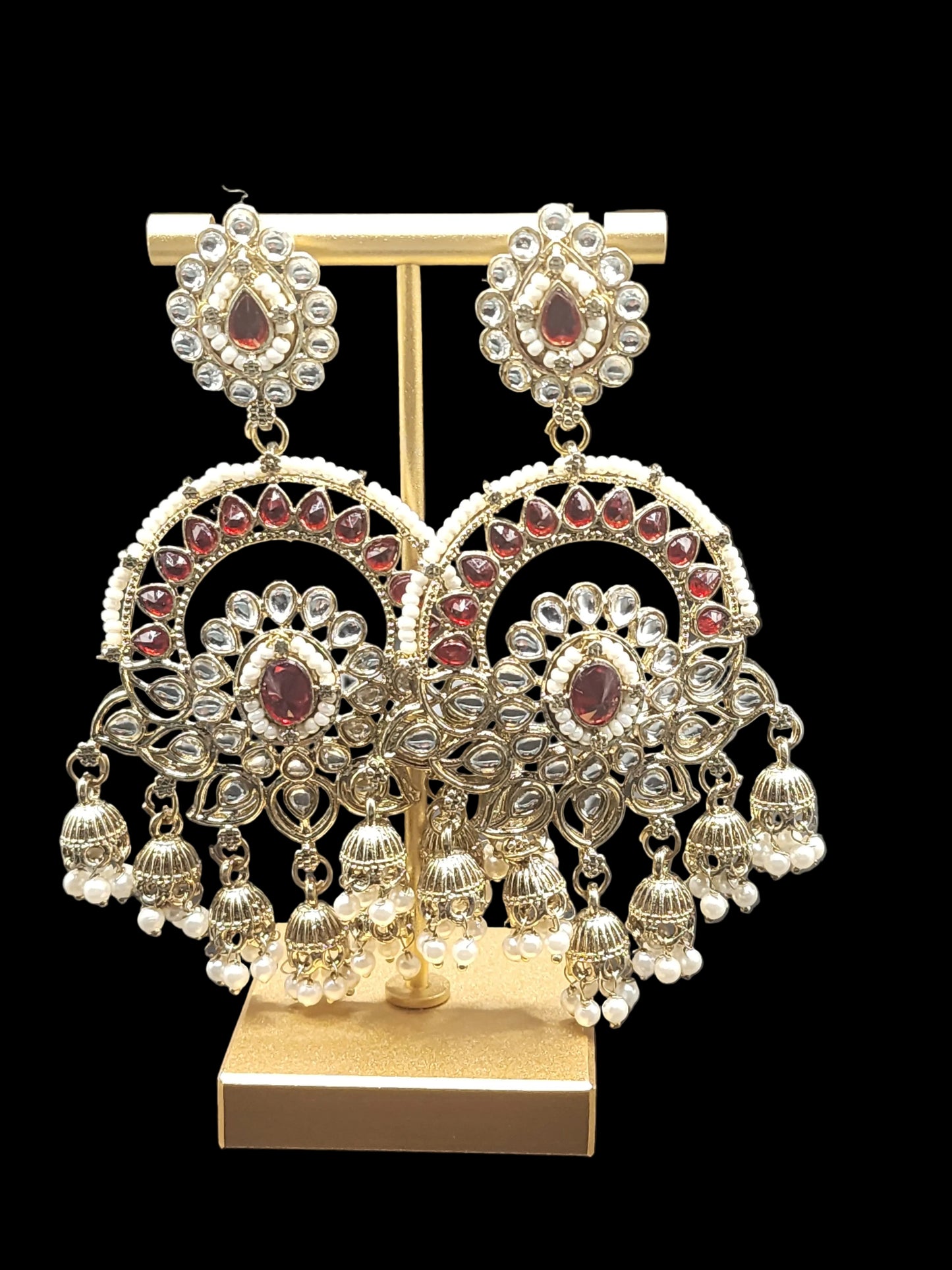 Royal Red Kundan Chandbali Earrings with Pearl Jhumka Drops