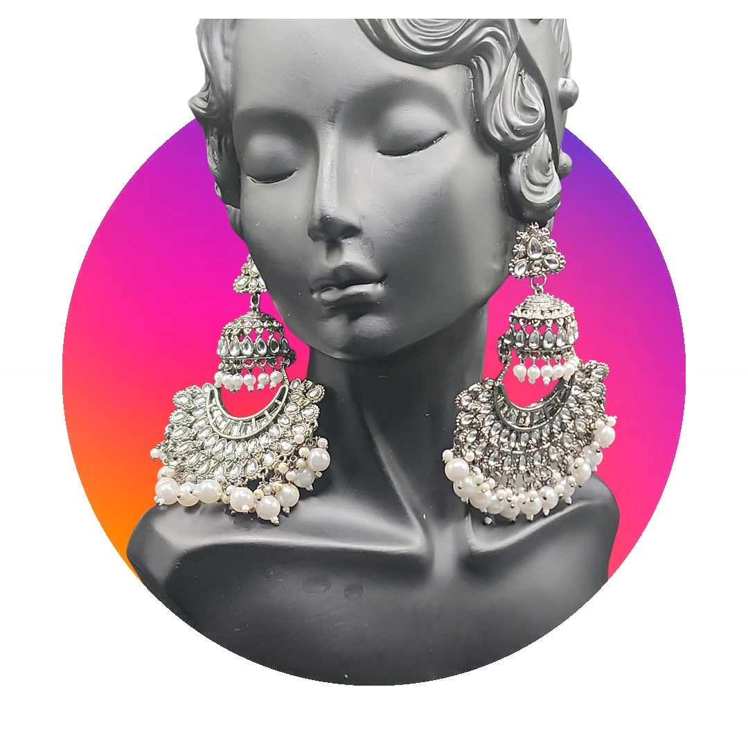 PSK ELEGANCE Oxidized Silver Kundan Chandbali Earrings | Pearl Drop Statement Ethnic Jewelry