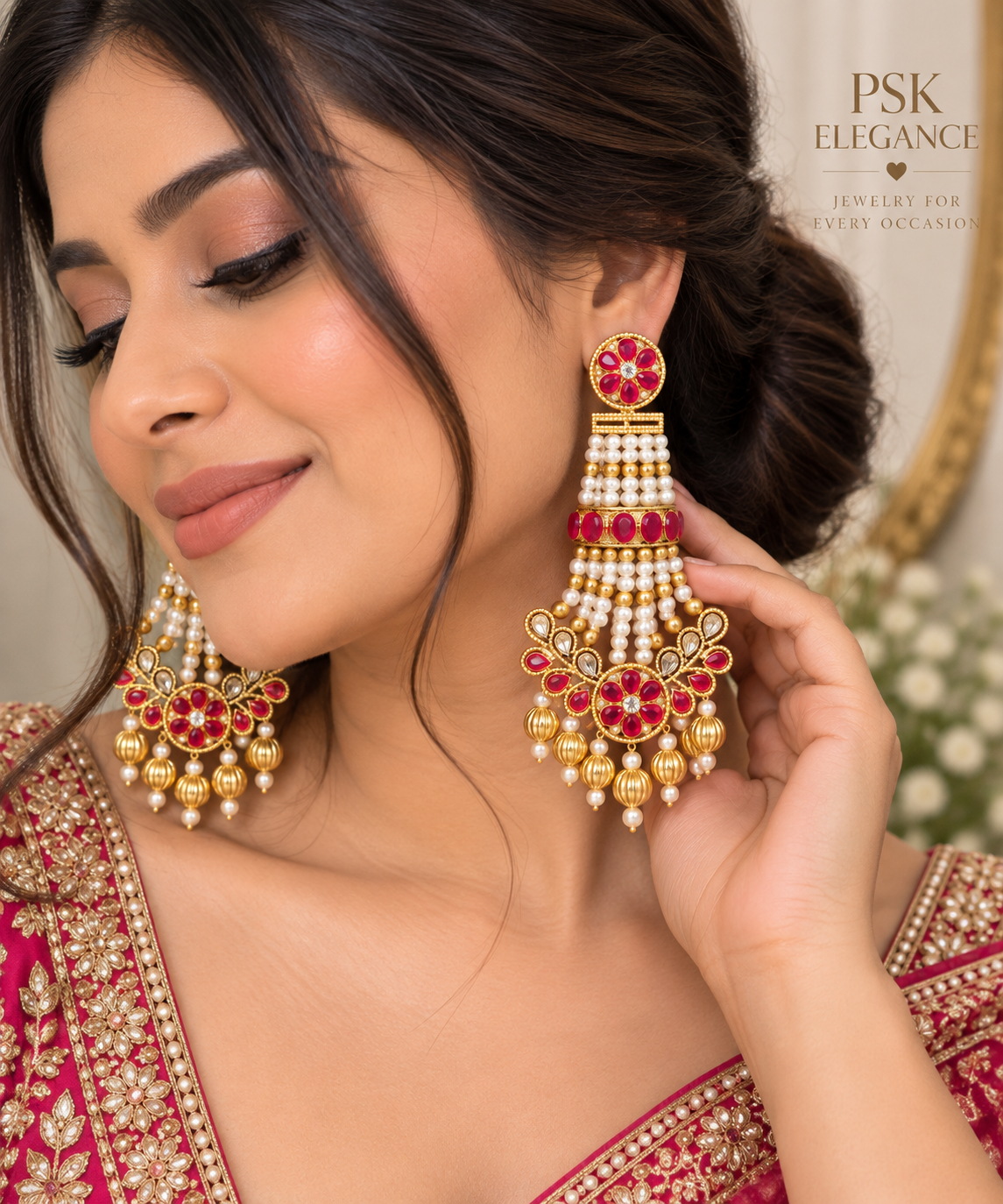 Ruby Red & Pearl Statement Jhumka Earrings