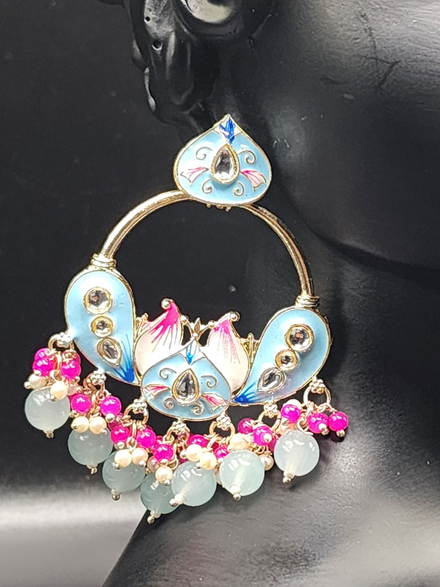 Pastel Sky Blue Meenakari Statement Hoop Earrings with Pink & Pearl Drops – Soft Luxe