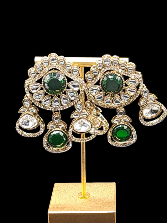 Emerald Green Kundan Statement Earrings with Crystal Drops – Royal Luxe