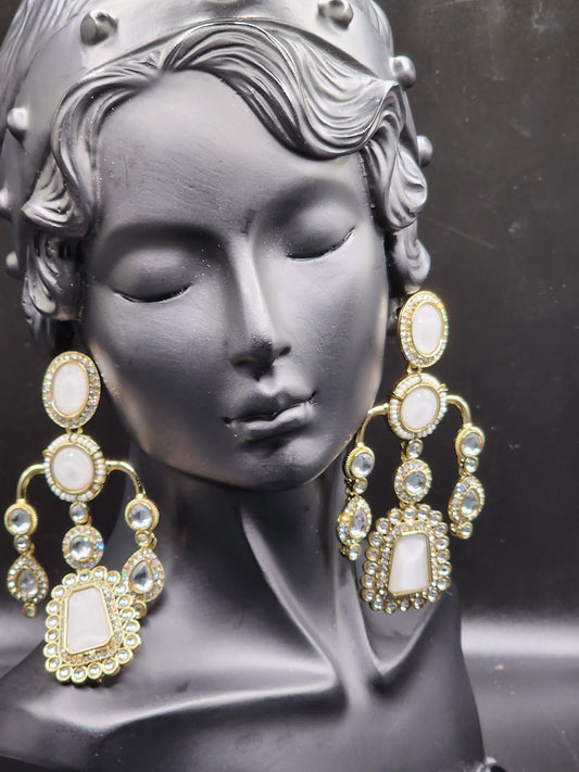 Pearl Kundan Statement Earrings with Crystal Drops – Classic Luxe
