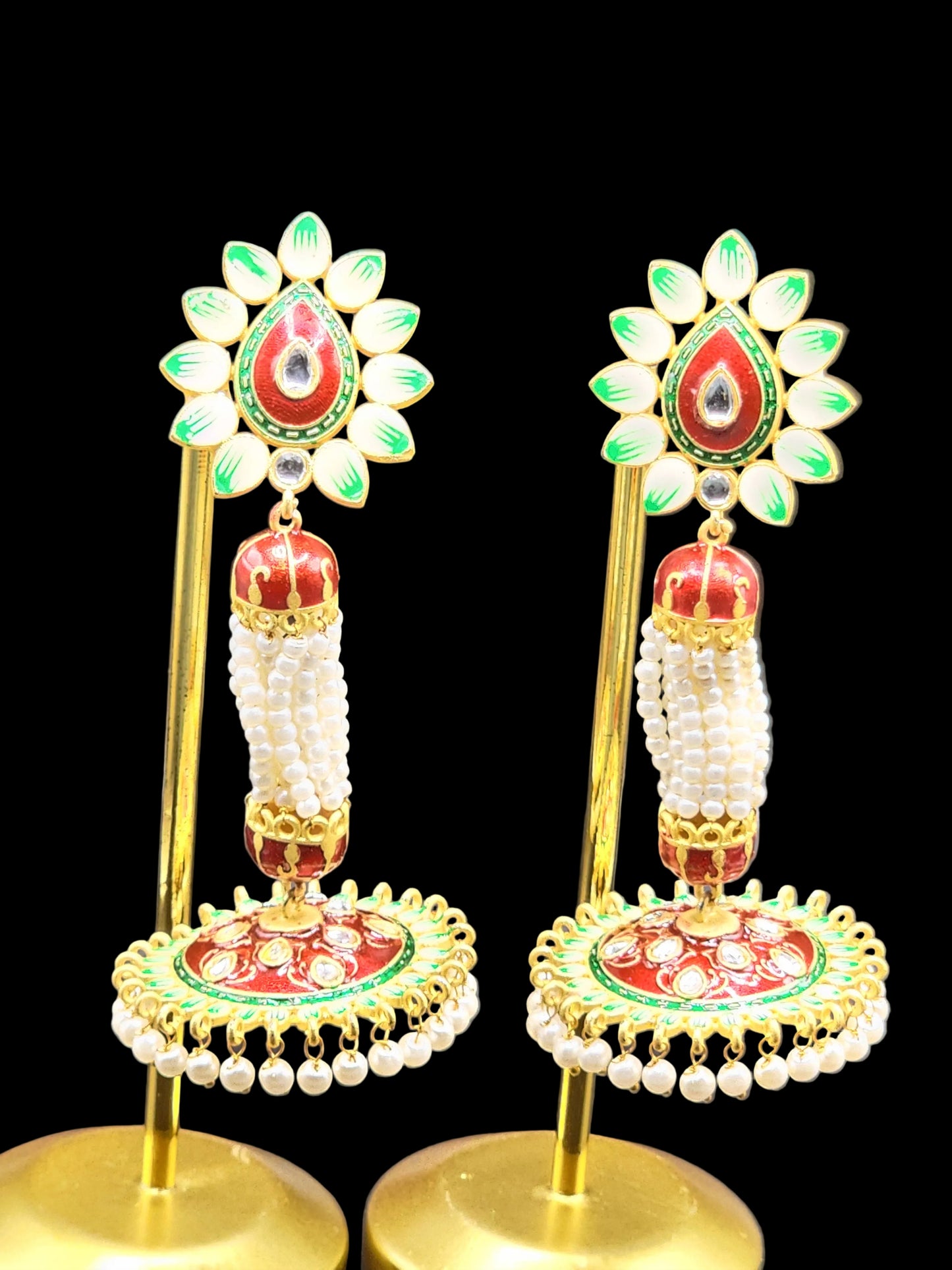PSK ELEGANCE Red & Green Meenakari Jhumka Earrings | Floral Pearl Drop Traditional Statement Jewelry