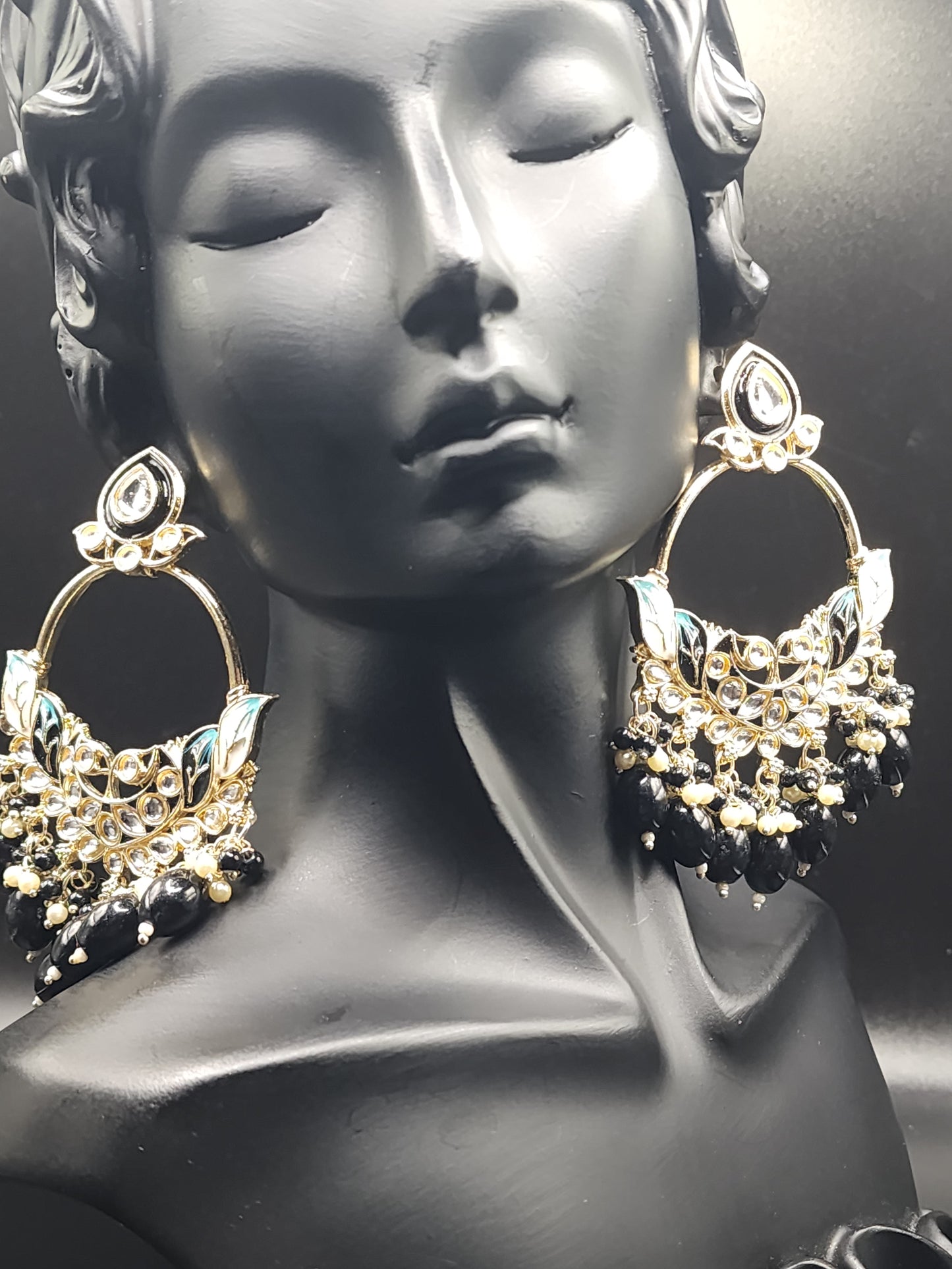 Black & Teal Meenakari Statement Hoop Earrings with Pearl Drops – Luxe Edition