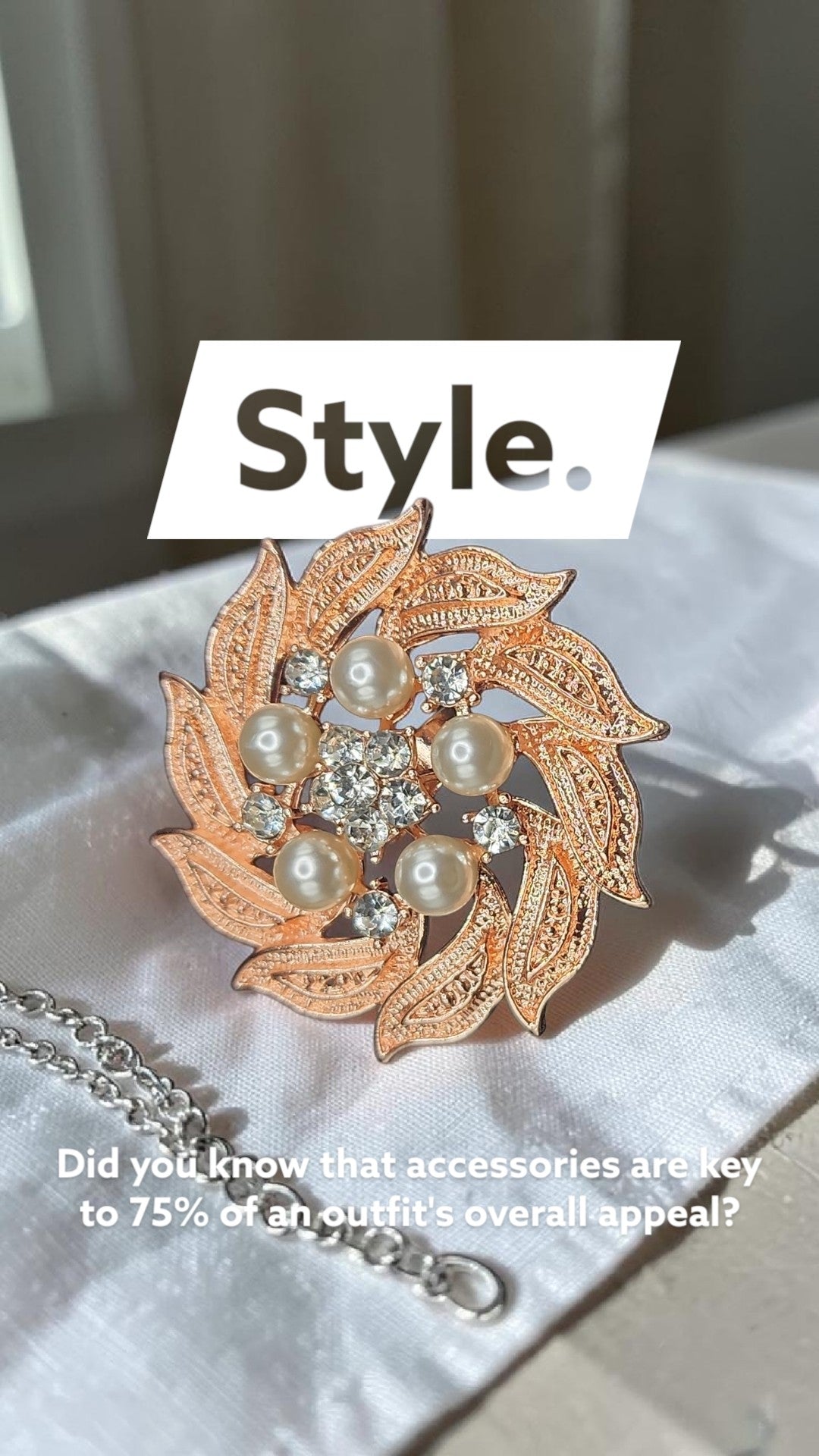 Rose Gold Pearl Floral Statement Ring | Elegant Crystal Leaf Ring
