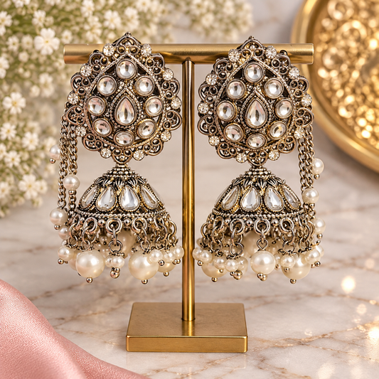 Oxidized Floral Jhumka Earrings | Pearl & Kundan-Style Statement Earrings