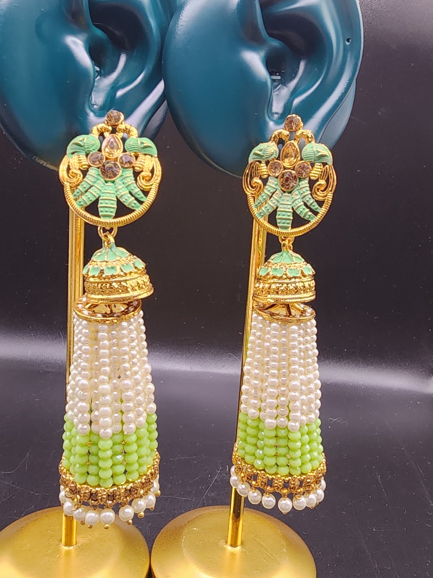 Mint Green Pearl Tassel Jhumka Earrings | Gold Indian Statement Earrings