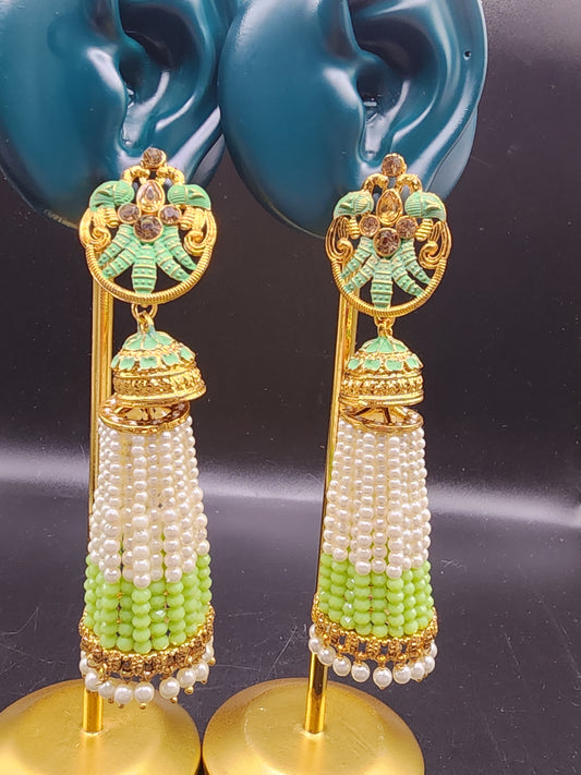 Mint Green Pearl Tassel Jhumka Earrings | Gold Indian Statement Earrings