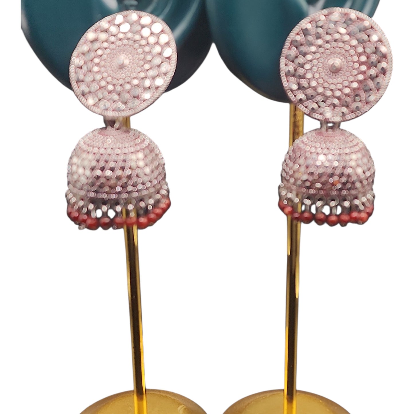 PSK ELEGANCE Silver Jhumka Earrings with Red Bead Detailing