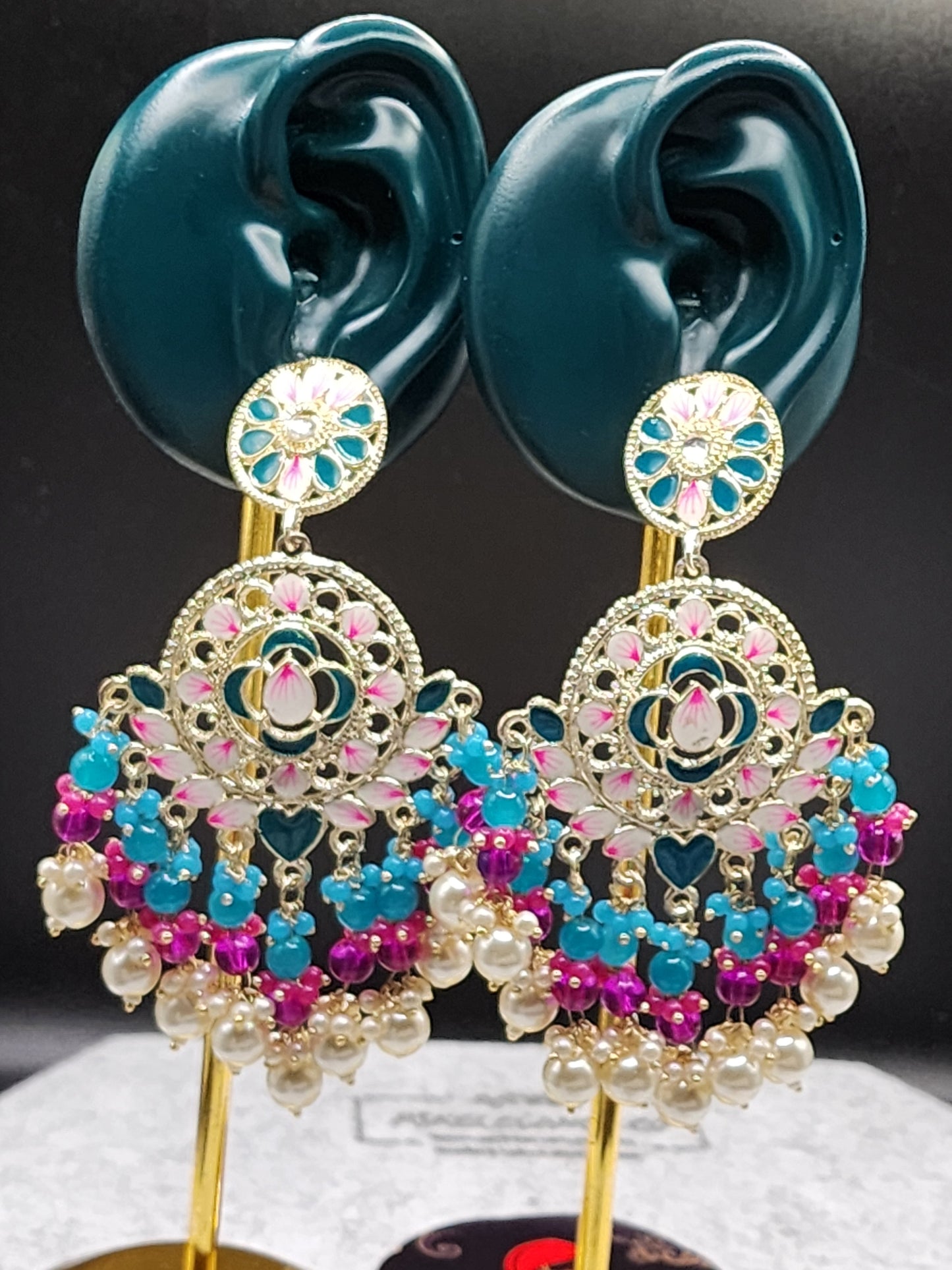 Turquoise Pink Floral Chandbali Earrings | Pearl Bead Indian Statement Earrings