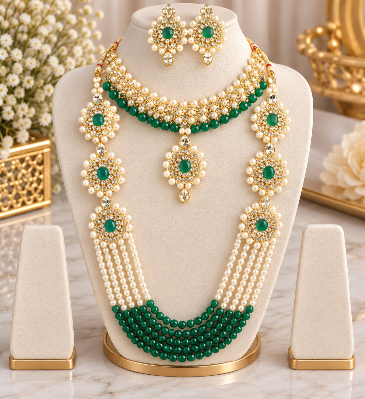 Emerald Green Kundan Pearl Bridal Necklace Set with Matching Earrings