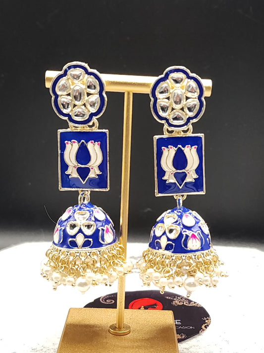 Royal Blue Meenakari Lotus Kundan Jhumka Earrings | Pearl Drop Indian Statement Earrings