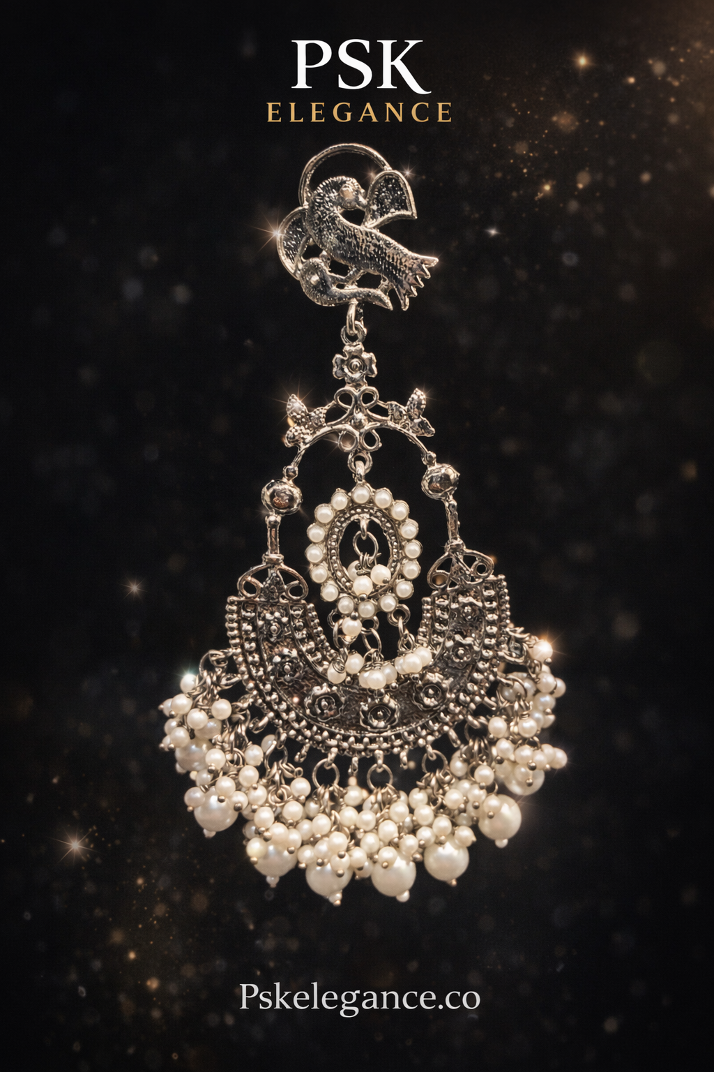 Intricate oxidized design Elegant pearl drop finishBold traditional + modern fusion