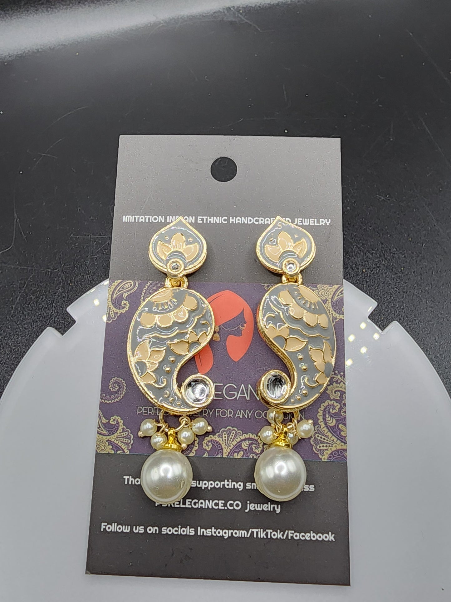 PSK ELEGANCE Grey & Gold Paisley Drop Earrings with Pearl Charm