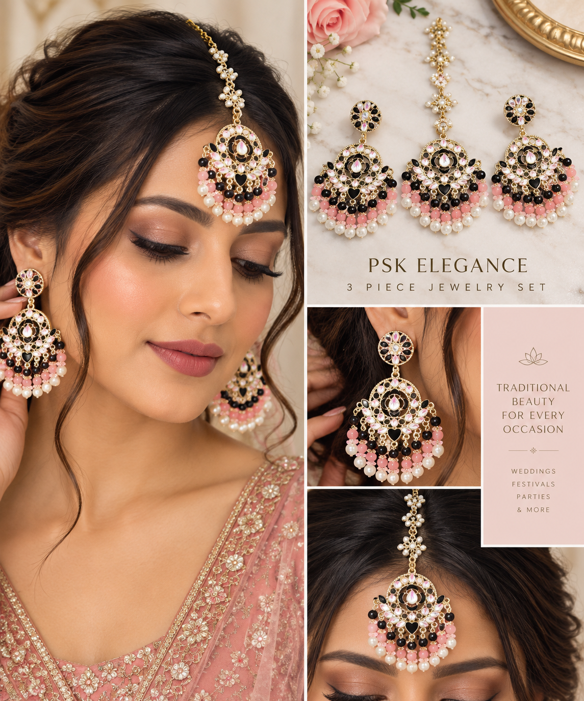 Pink, Black & Pearl Kundan 3-Piece Earring & Maang Tikka Set | PSK ELEGANCE