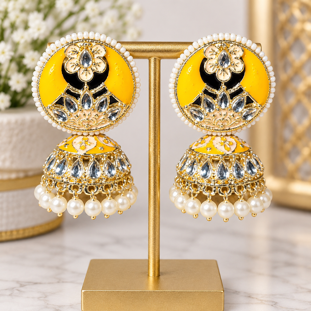 Yellow Meenakari Jhumka Earrings