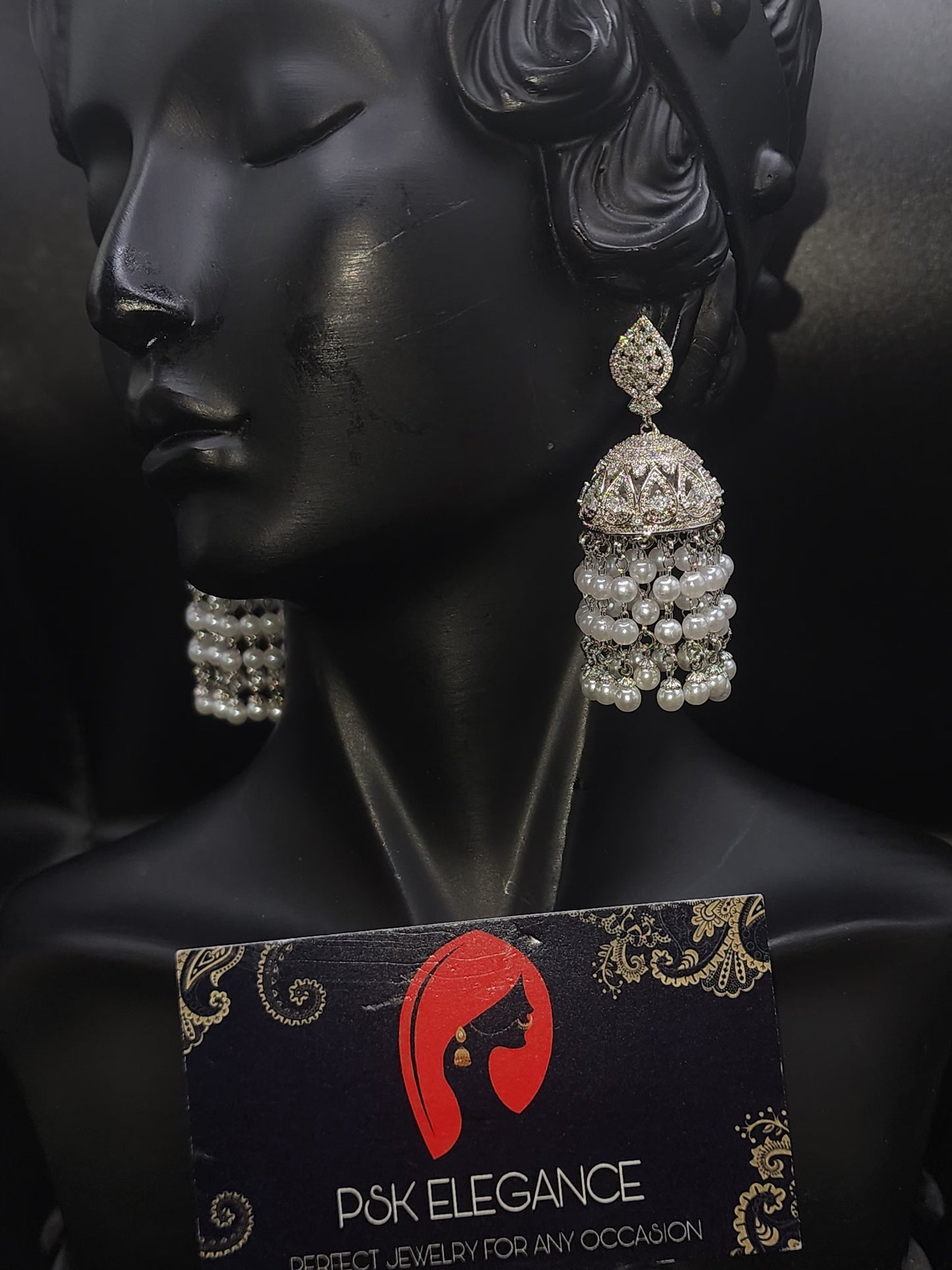 Silver Crystal Jhumka Statement Drop Earrings