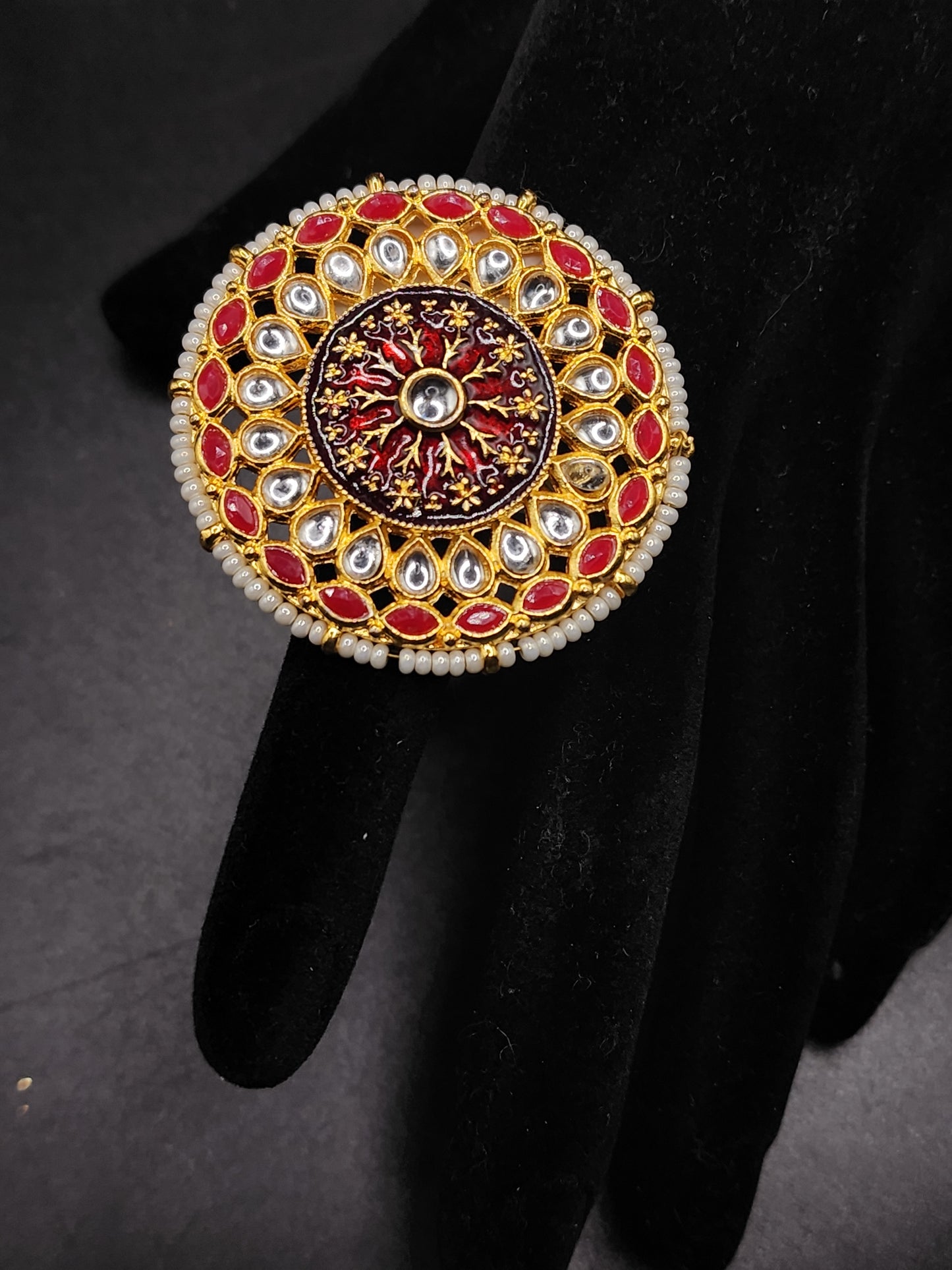 PSK ELEGANCE Red Kundan Statement Ring | Pearl Border Antique Gold Adjustable Bridal Cocktail Ring for Women