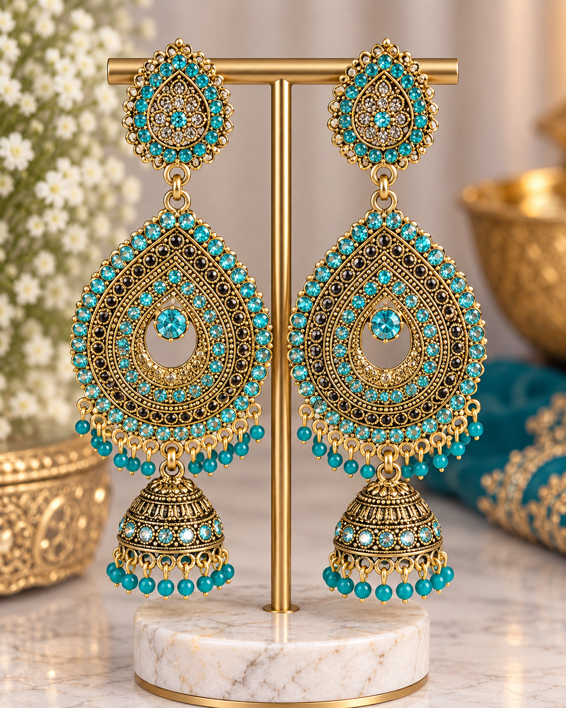 Gold & Turquoise Kundan Jhumka Chandbali Earrings