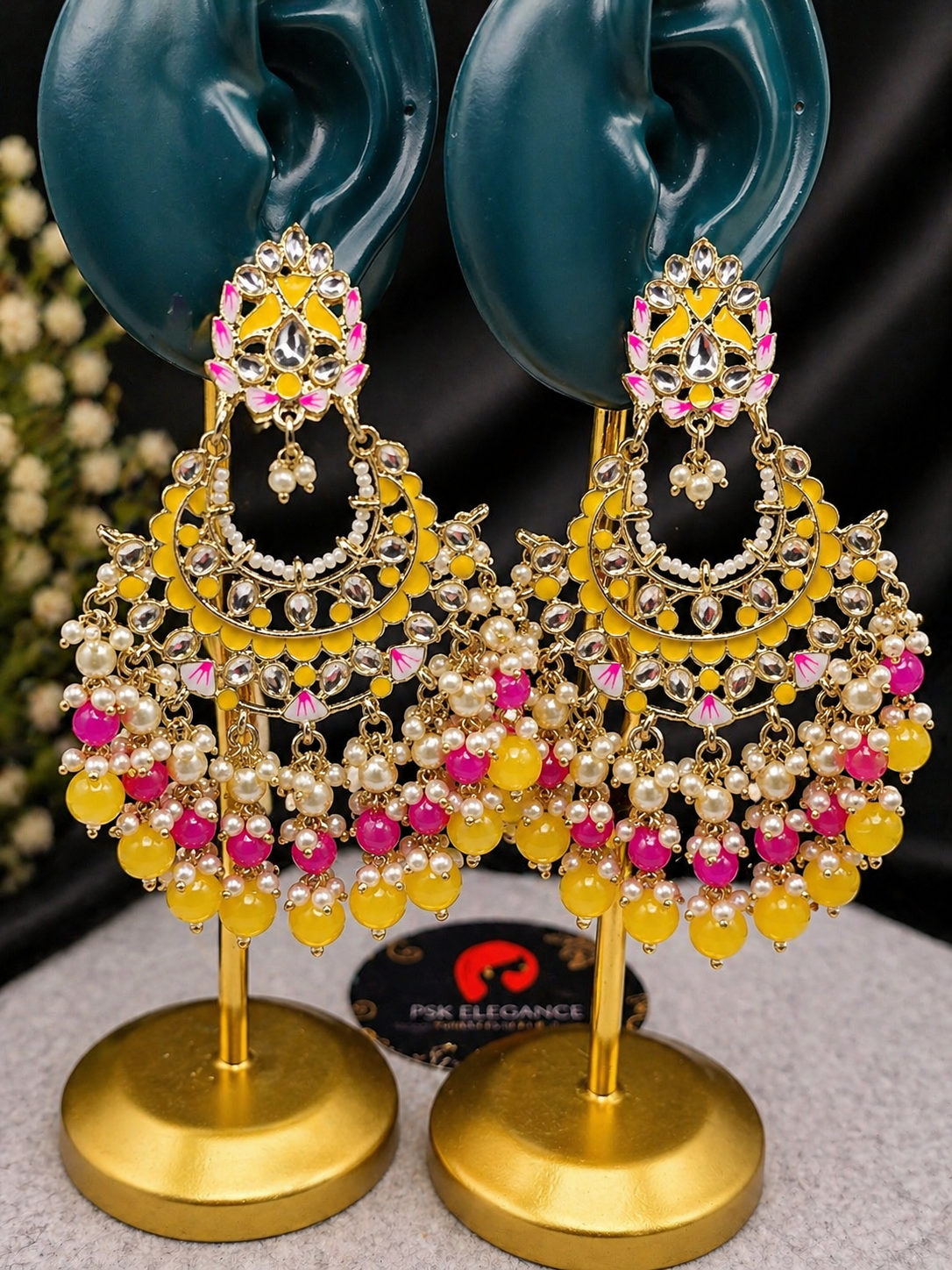 Yellow Pink Kundan Chandbali Earrings | Pearl Bead Indian Statement Earrings