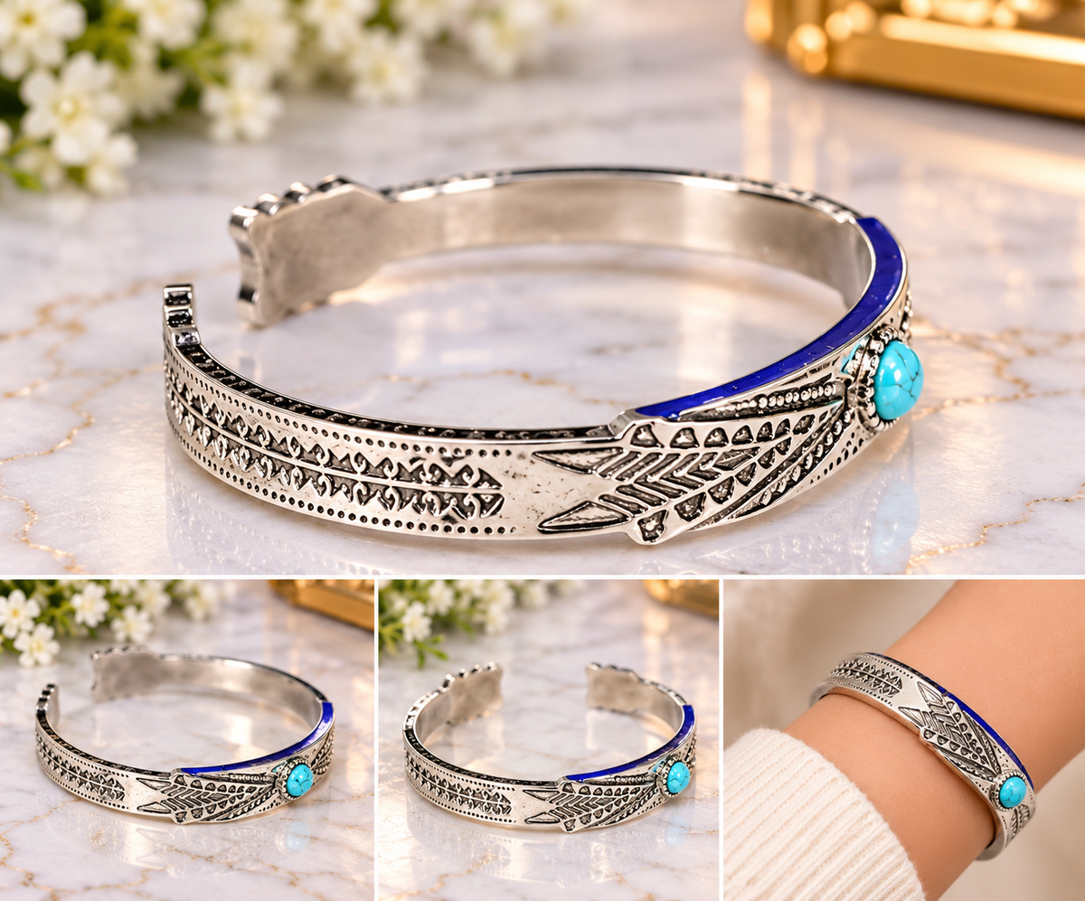 Silver-Tone Blue Enamel Cuff Bracelet with Turquoise Accent | PSK ELEGANCE