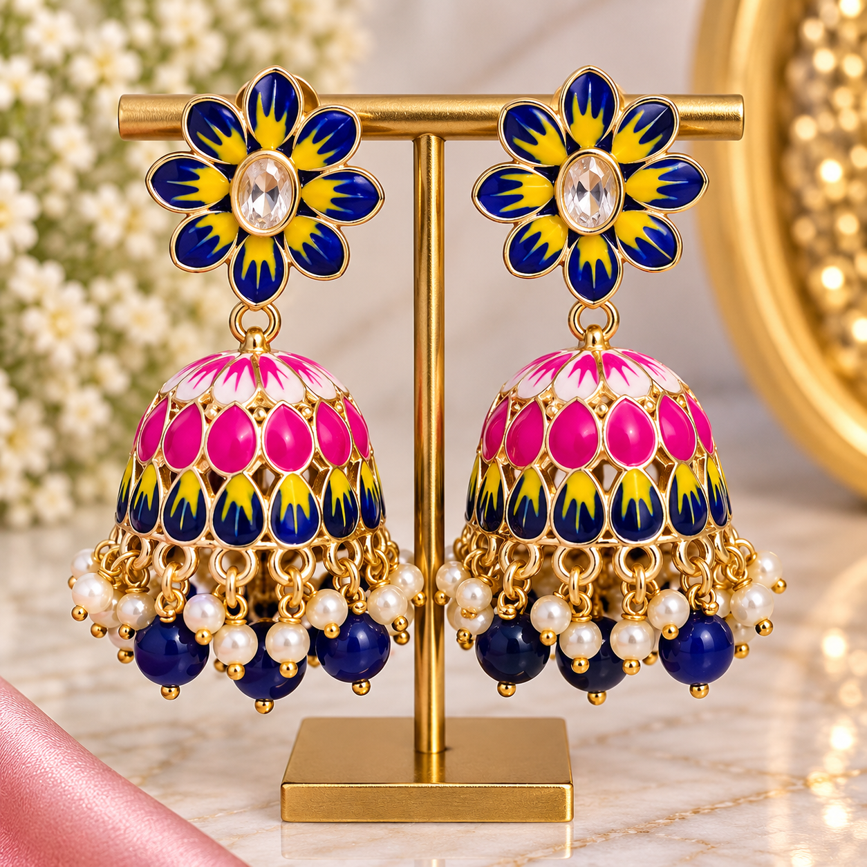 Blue & Pink Meenakari Jhumka Earrings | Multicolor Floral Statement Earrings