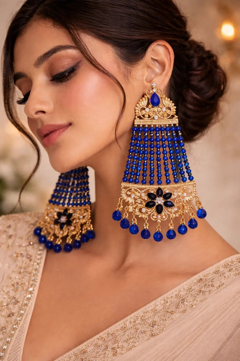 BLUE GOLD BEADS DANGLING EARRINGS