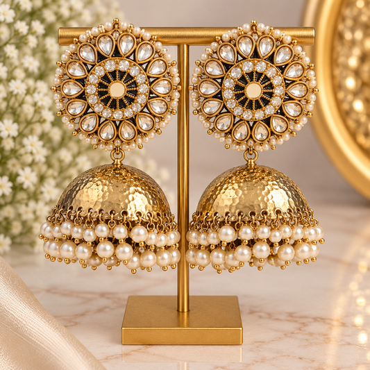 Gold Meenakari Jhumka Earrings | Pearl & Kundan-Style Statement Earrings