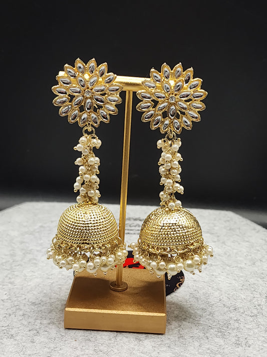 Gold Floral Kundan Pearl Jhumka Earrings | Indian Bridal & Festive Statement Earrings