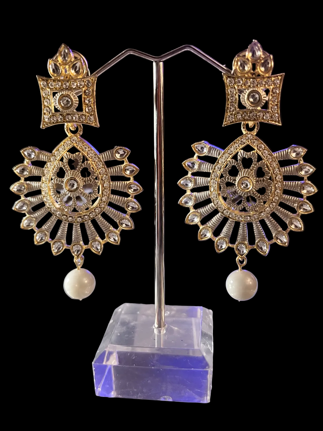 Kundan & Silver Grey Crystal Pearl Chandelier Earrings