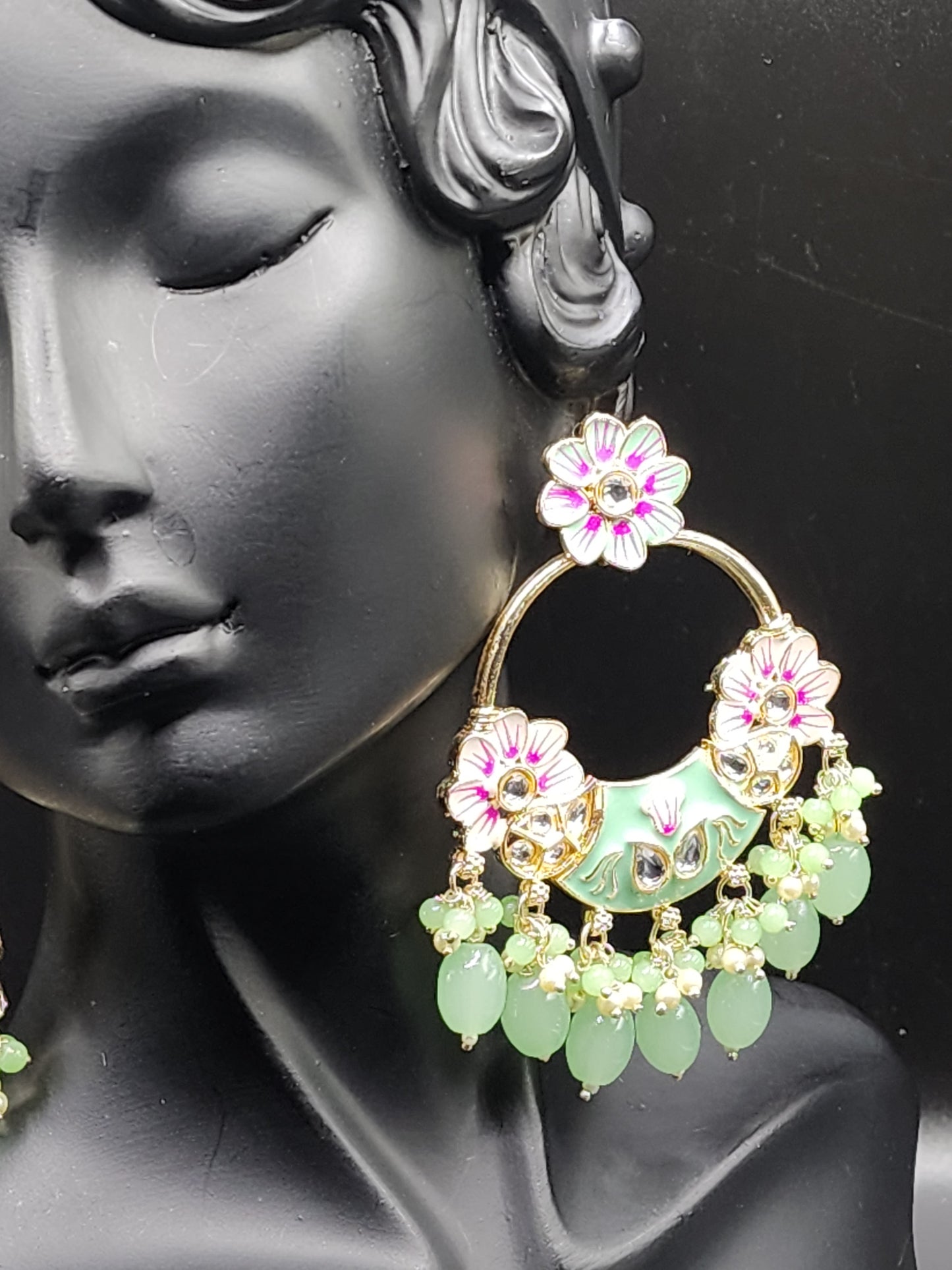 Mint & Pink Floral Chandbali Earrings with Pearl Drops