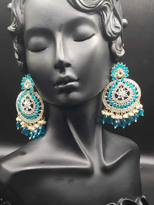 Teal Kundan Chandbali Earrings with Pearl & Bead Drops