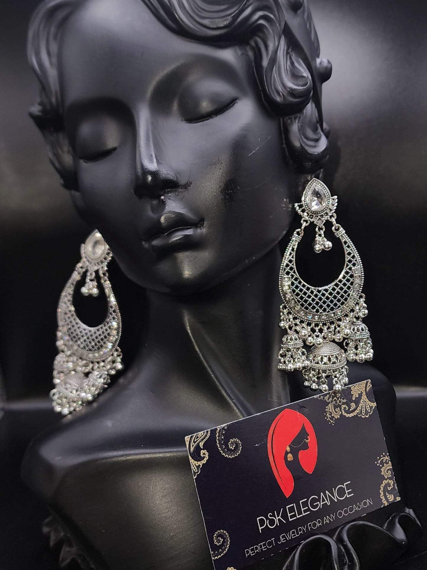 Silver Crystal Jhumka Statement Drop Earrings
