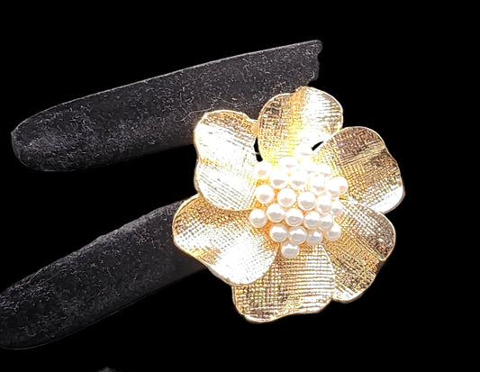 PSK ELEGANCE Gold Floral Pearl Statement Ring | Textured Flower Adjustable Cocktail Ring for Women