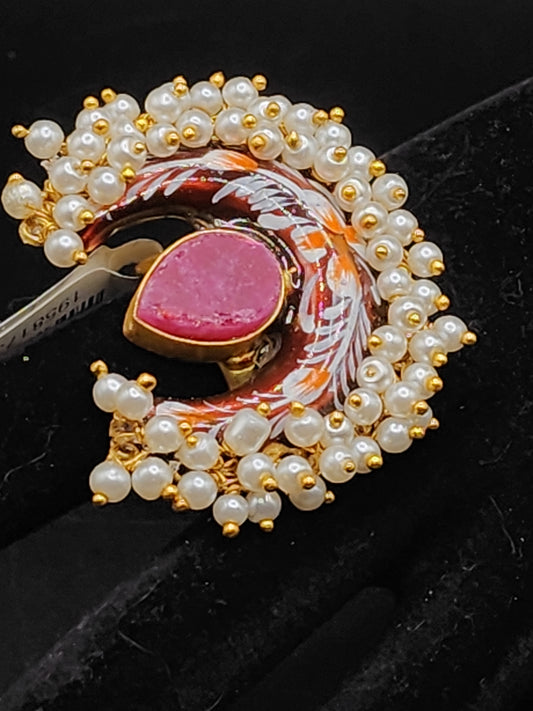 PSK ELEGANCE Pink Stone Statement Ring with Pearl Detailing | Handcrafted Enamel Gold-Tone Adjustable Cocktail Ring