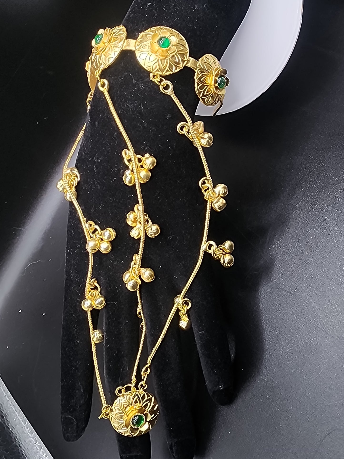 Gold Tone Hathphool Hand Harness with Green Stone Accents | Indian Statement Hand Jewelry