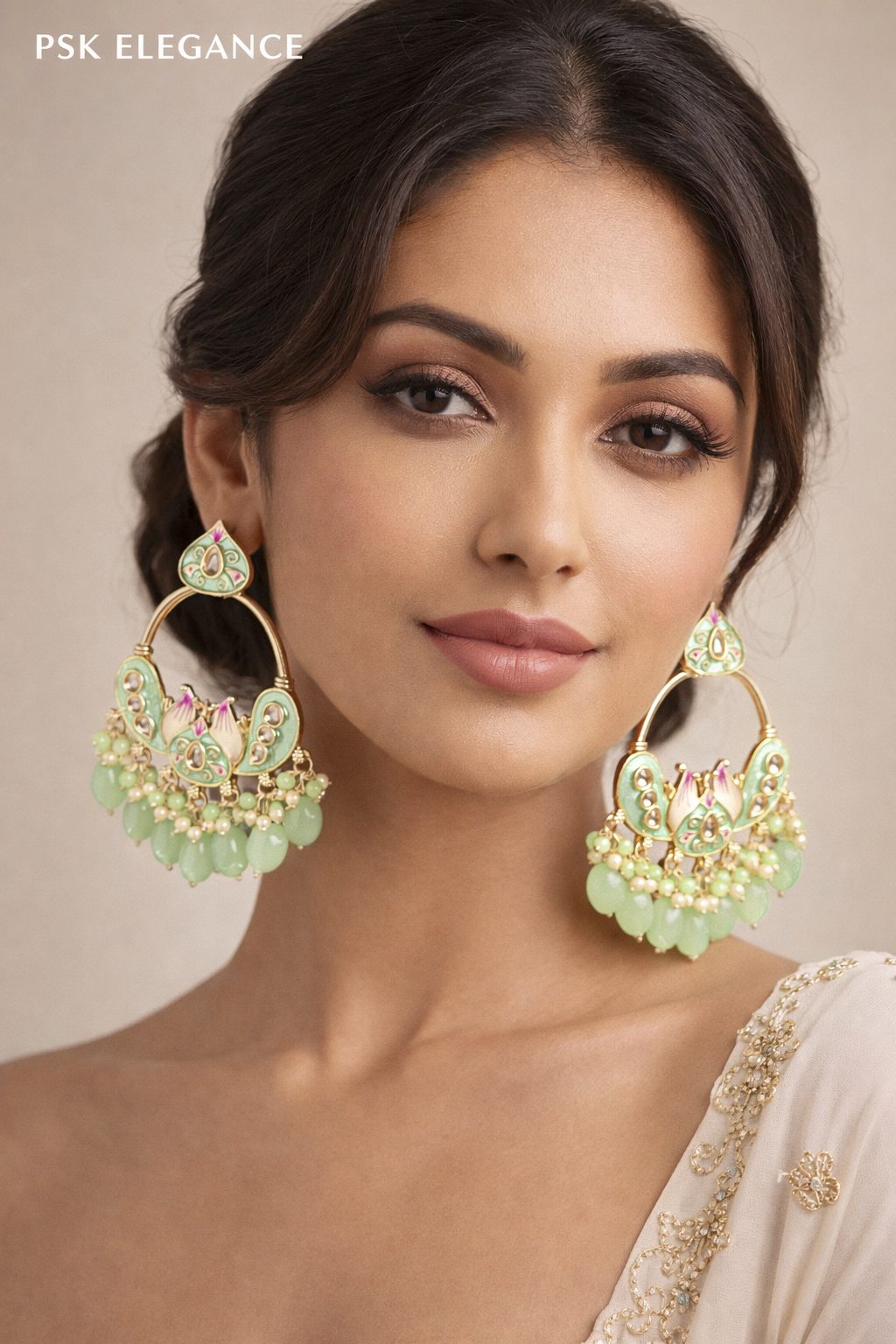 Mint Green Enamel Chandbali Earrings with Pearl Drops