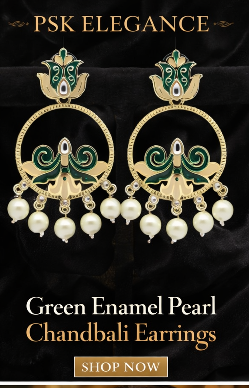 PSK ELEGANCE Green Enamel Pearl Chandbali Earrings ✨