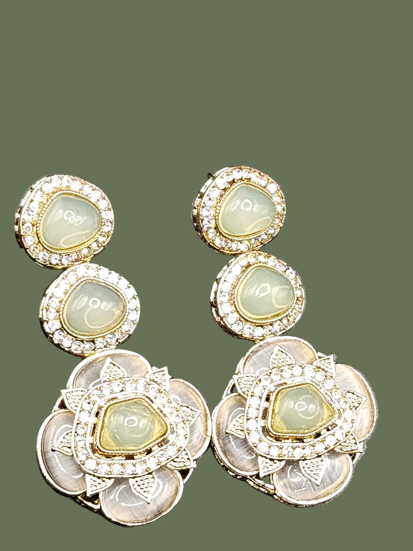 Sage Green Kundan Drop Earrings with Floral Detail – Soft Luxe Collection