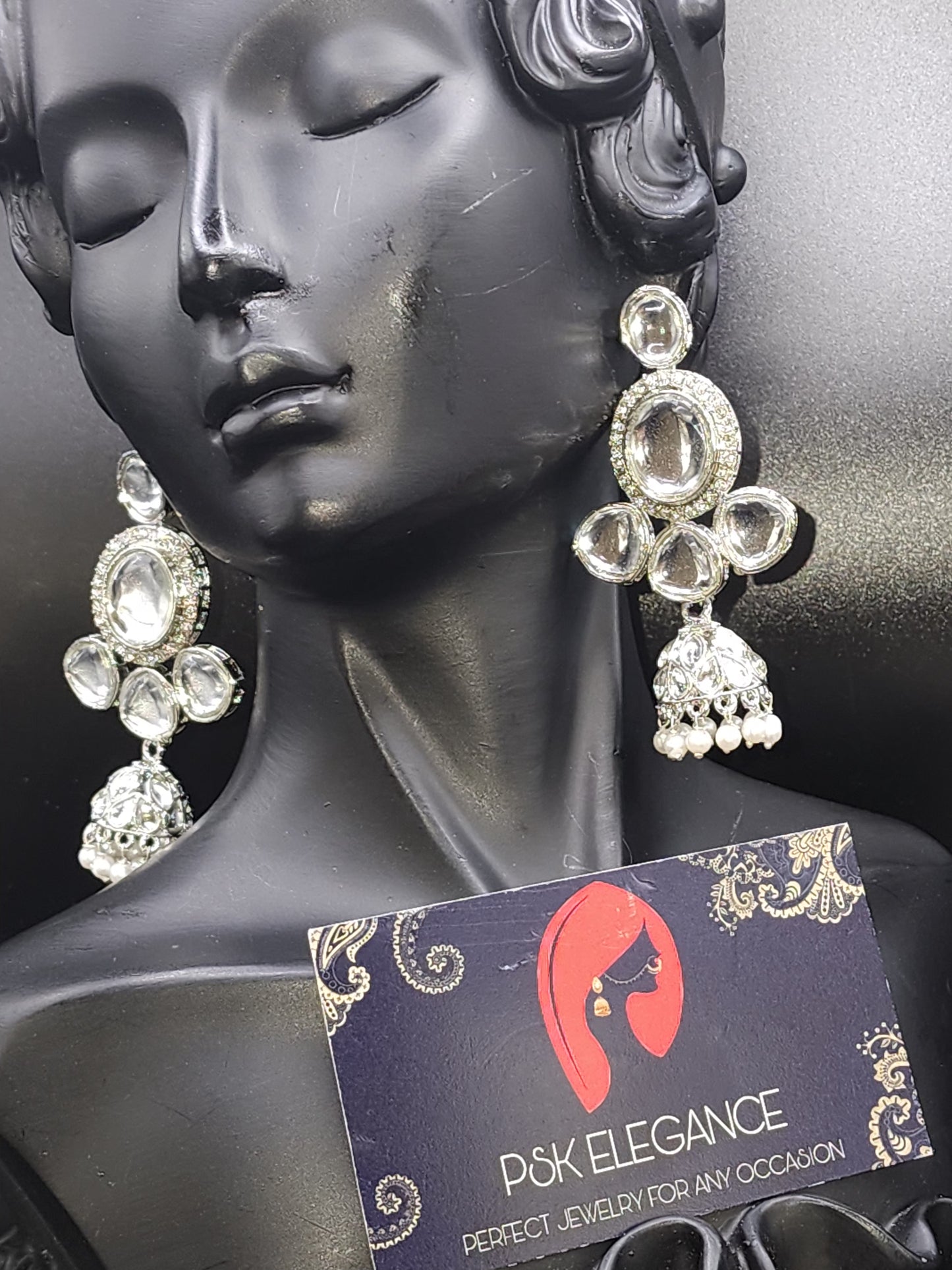 Silver Crystal Jhumka Statement Drop Earrings