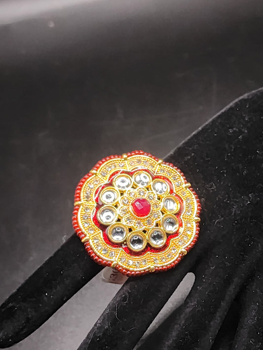 PSK ELEGANCE Red Kundan Mirror Statement Ring | Gold Enamel Adjustable Festive Cocktail Ring for Women
